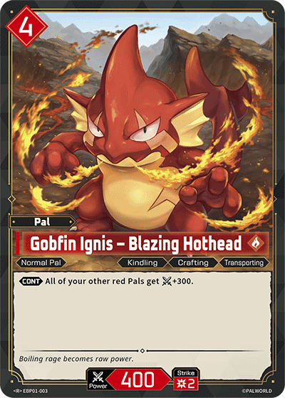 Gobfin Ignis — Blazing Hothead (EBP01-003), red Pal card from the Palworld Card Game featured in Common, Uncommon, Rare and Double Rare