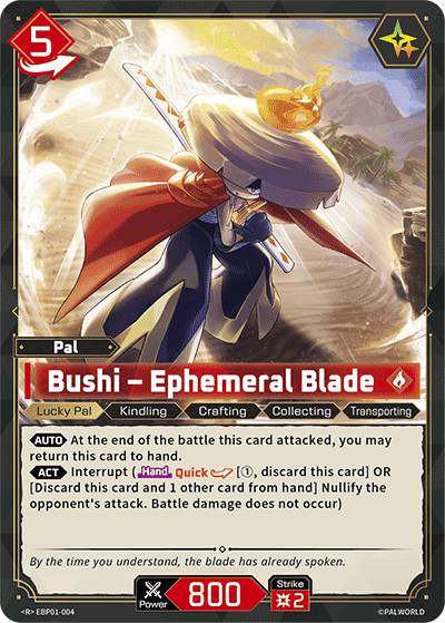 Bushi — Ephemeral Blade (EBP01-004), red Pal card from the Palworld Card Game