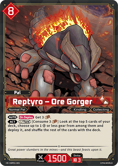 Reptyro — Ore Gorger (EBP01-005), red Pal card from the Palworld Card Game