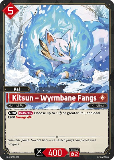 Kitsun — Wyrmbane Fangs (EBP01-007), red Pal card from the Palworld Card Game