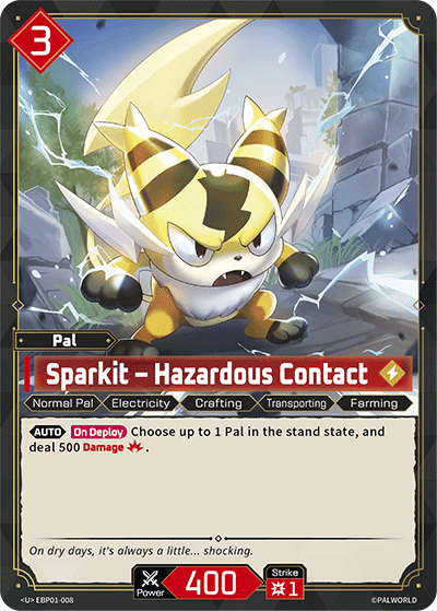 Sparkit — Hazardous Contact (EBP01-008), red Pal card from the Palworld Card Game