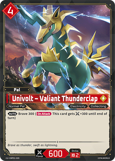 Univolt — Valiant Thunderclap (EBP01-009), red Pal card from the Palworld Card Game