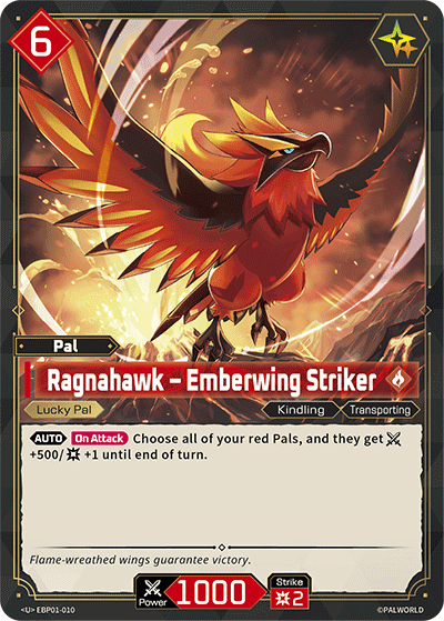 Ragnahawk — Emberwing Striker (EBP01-010), red Pal card from the Palworld Card Game