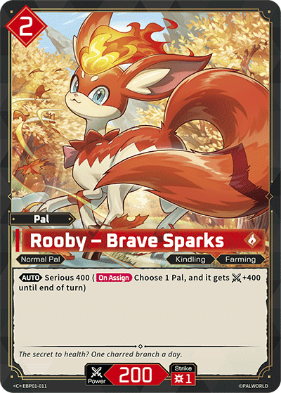Rooby — Brave Sparks (EBP01-011), red Pal card from the Palworld Card Game featured in Common, Uncommon, Rare and Double Rare