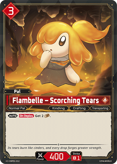 Flambelle — Scorching Tears (EBP01-012), red Pal card from the Palworld Card Game