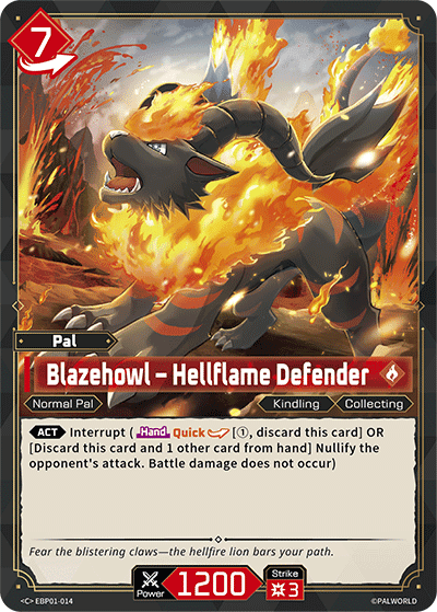 Blazehowl — Hellflame Defender (EBP01-014), red Pal card from the Palworld Card Game