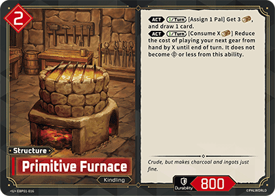 Primitive Furnace (EBP01-016), red Structure card from the Palworld Card Game featured in Build from the two launch Trial Decks