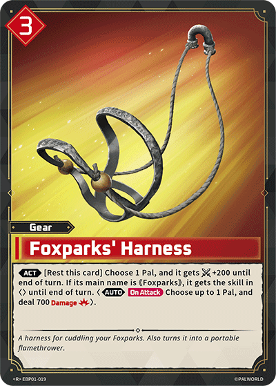Foxparks' Harness (EBP01-019), red Gear card from the Palworld Card Game
