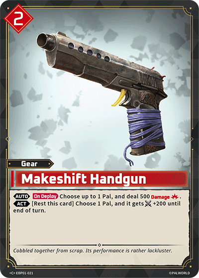 Makeshift Handgun (EBP01-021), red Gear card from the Palworld Card Game