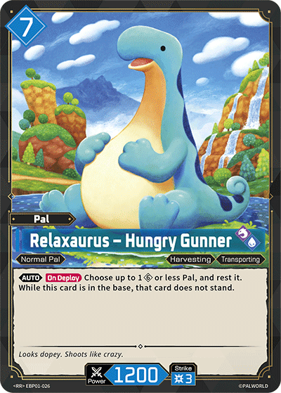 Relaxaurus — Hungry Gunner (EBP01-026), blue Pal card from the Palworld Card Game