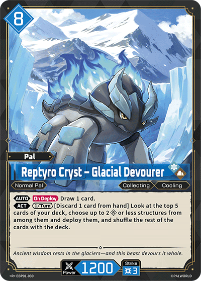 Reptyro Cryst — Glacial Devourer (EBP01-030), blue Pal card from the Palworld Card Game