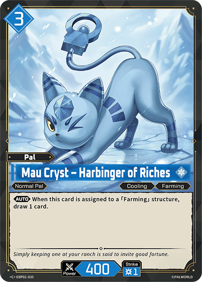 Mau Cryst — Harbinger of Riches (EBP01-035), blue Pal card from the Palworld Card Game