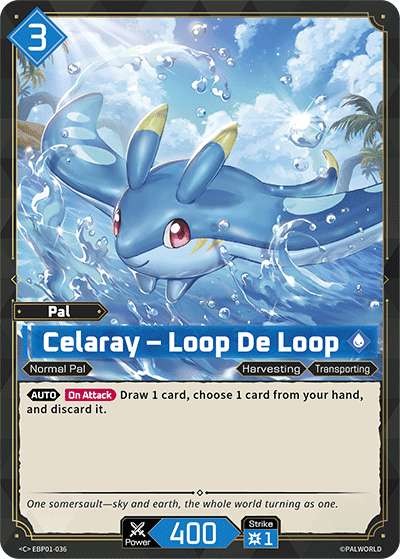 Celaray — Loop De Loop (EBP01-036), blue Pal card from the Palworld Card Game