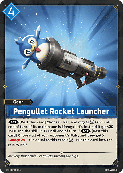 Pengullet Rocket Launcher (EBP01-044), blue Gear card from the Palworld Card Game