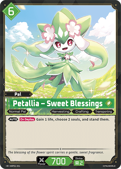 Petallia — Sweet Blessings (EBP01-051), green Pal card from the Palworld Card Game