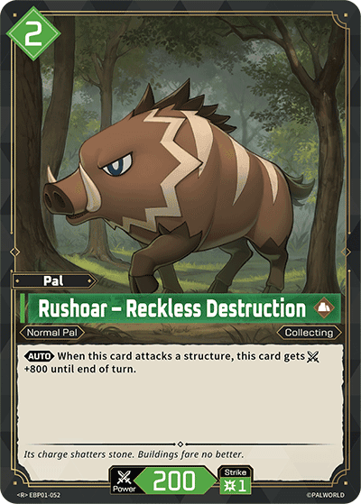 Rushoar — Reckless Destruction (EBP01-052), green Pal card from the Palworld Card Game