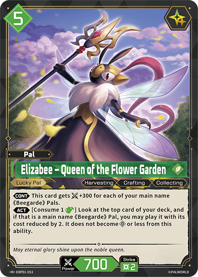 Elizabee — Queen of the Flower Garden (EBP01-053), green Pal card from the Palworld Card Game