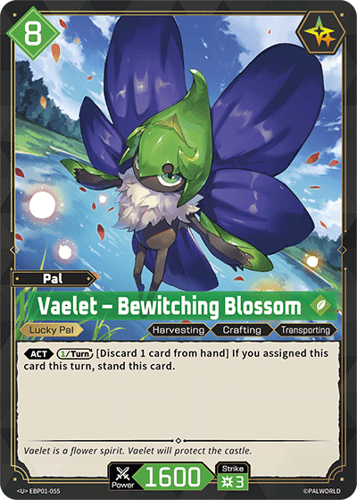 Vaelet — Bewitching Blossom (EBP01-055), green Pal card from the Palworld Card Game