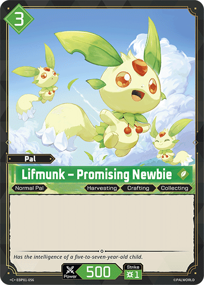Lifmunk — Promising Newbie (EBP01-056), green Pal card from the Palworld Card Game