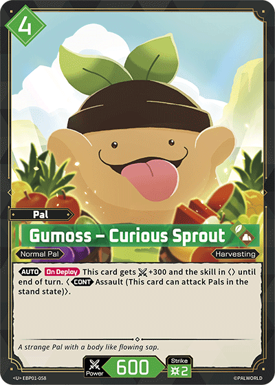 Gumoss — Curious Sprout (EBP01-058), green Pal card from the Palworld Card Game