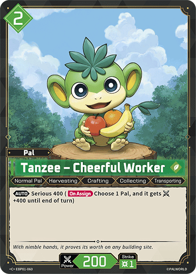 Tanzee — Cheerful Worker (EBP01-060), green Pal card from the Palworld Card Game