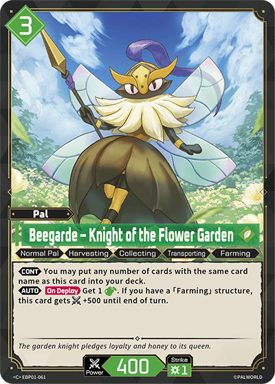 Beegarde — Knight of the Flower Garden (EBP01-061), green Pal card from the Palworld Card Game