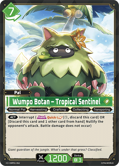 Wumpo Botan — Tropical Sentinel (EBP01-062), green Pal card from the Palworld Card Game