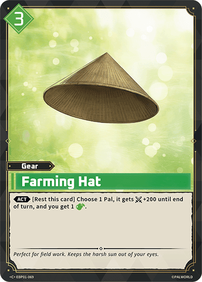 Farming Hat (EBP01-069), green Gear card from the Palworld Card Game