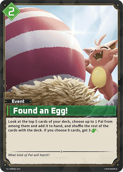Found an Egg! (EBP01-071), green Event card from the Palworld Card Game