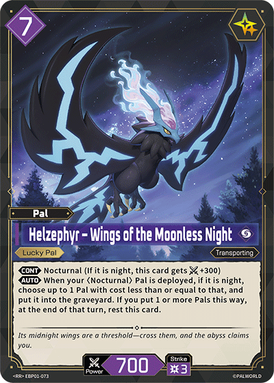 Helzephyr — Wings of the Moonless Night (EBP01-073), purple Pal card from the Palworld Card Game featured in SSP centerpieces and standout SP artwork