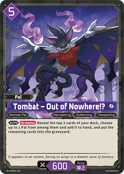 Tombat — Out of Nowhere!? (EBP01-076), purple Pal card from the Palworld Card Game