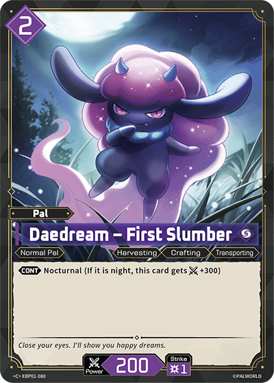 Daedream — First Slumber (EBP01-080), purple Pal card from the Palworld Card Game