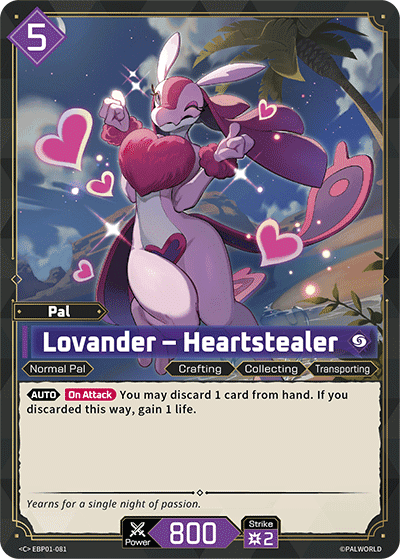 Lovander — Heartstealer (EBP01-081), purple Pal card from the Palworld Card Game
