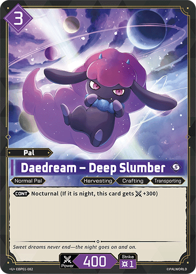 Daedream — Deep Slumber (EBP01-082), purple Pal card from the Palworld Card Game