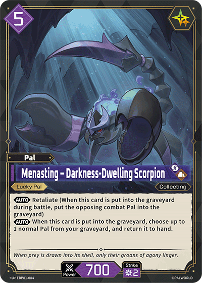 Menasting — Darkness-Dwelling Scorpion (EBP01-084), purple Pal card from the Palworld Card Game