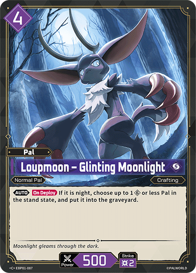 Loupmoon — Glinting Moonlight (EBP01-087), purple Pal card from the Palworld Card Game