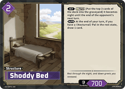 Shoddy Bed (EBP01-089), purple Structure card from the Palworld Card Game
