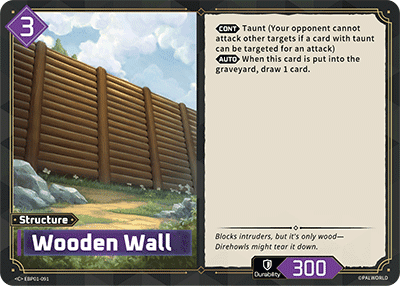 Wooden Wall (EBP01-091), purple Structure card from the Palworld Card Game