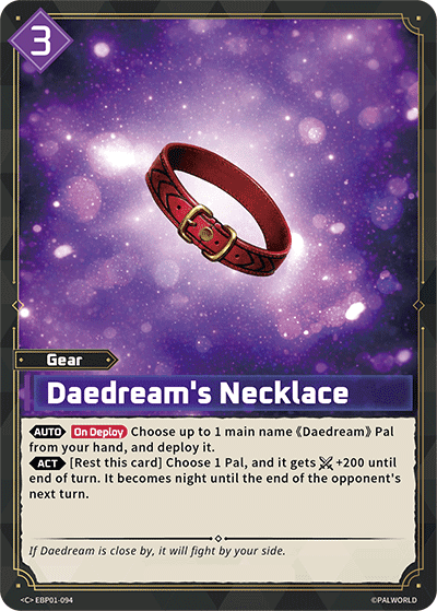 Daedream's Necklace (EBP01-094), purple Gear card from the Palworld Card Game