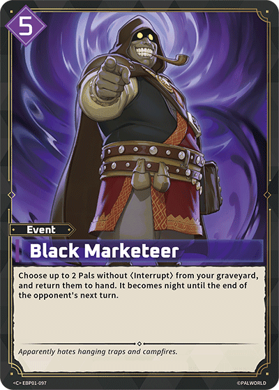 Black Marketeer (EBP01-097), purple Event card from the Palworld Card Game
