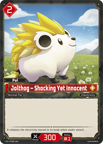 Jolthog — Shocking Yet Innocent (ETD01-002), red Pal card from the Palworld Card Game