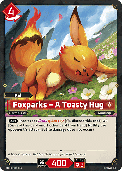Foxparks — A Toasty Hug (ETD01-004), red Pal card from the Palworld Card Game