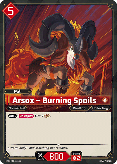 Arsox — Burning Spoils (ETD01-005), red Pal card from the Palworld Card Game
