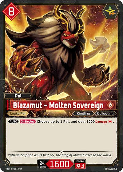 Blazamut — Molten Sovereign (ETD01-007), red Pal card from the Palworld Card Game
