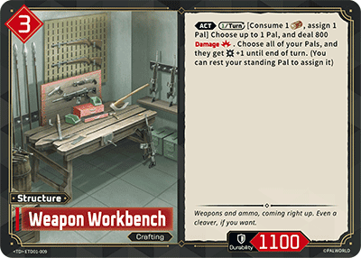 Weapon Workbench (ETD01-009), red Structure card from the Palworld Card Game