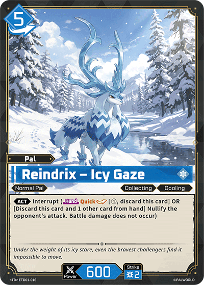 Reindrix — Icy Gaze (ETD01-016), blue Pal card from the Palworld Card Game