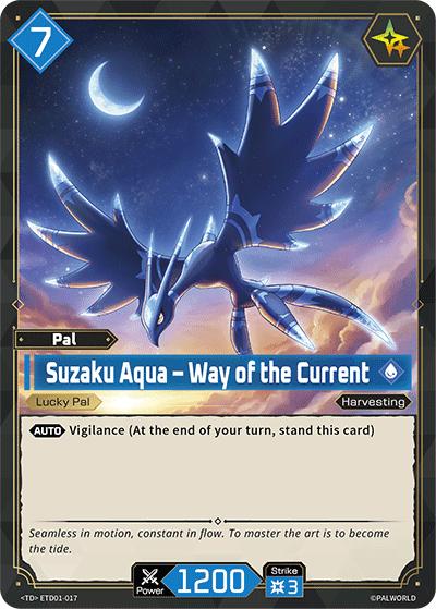 Suzaku Aqua — Way of the Current (ETD01-017), blue Pal card from the Palworld Card Game
