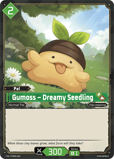 Gumoss — Dreamy Seedling (ETD02-002), green Pal card from the Palworld Card Game