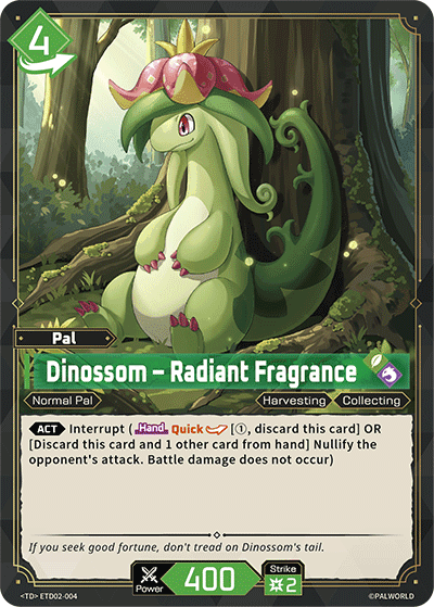 Dinossom — Radiant Fragrance (ETD02-004), green Pal card from the Palworld Card Game