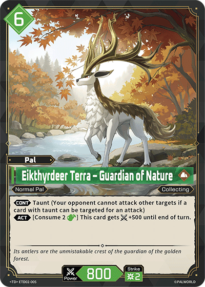 Eikthyrdeer Terra — Guardian of Nature (ETD02-005), green Pal card from the Palworld Card Game